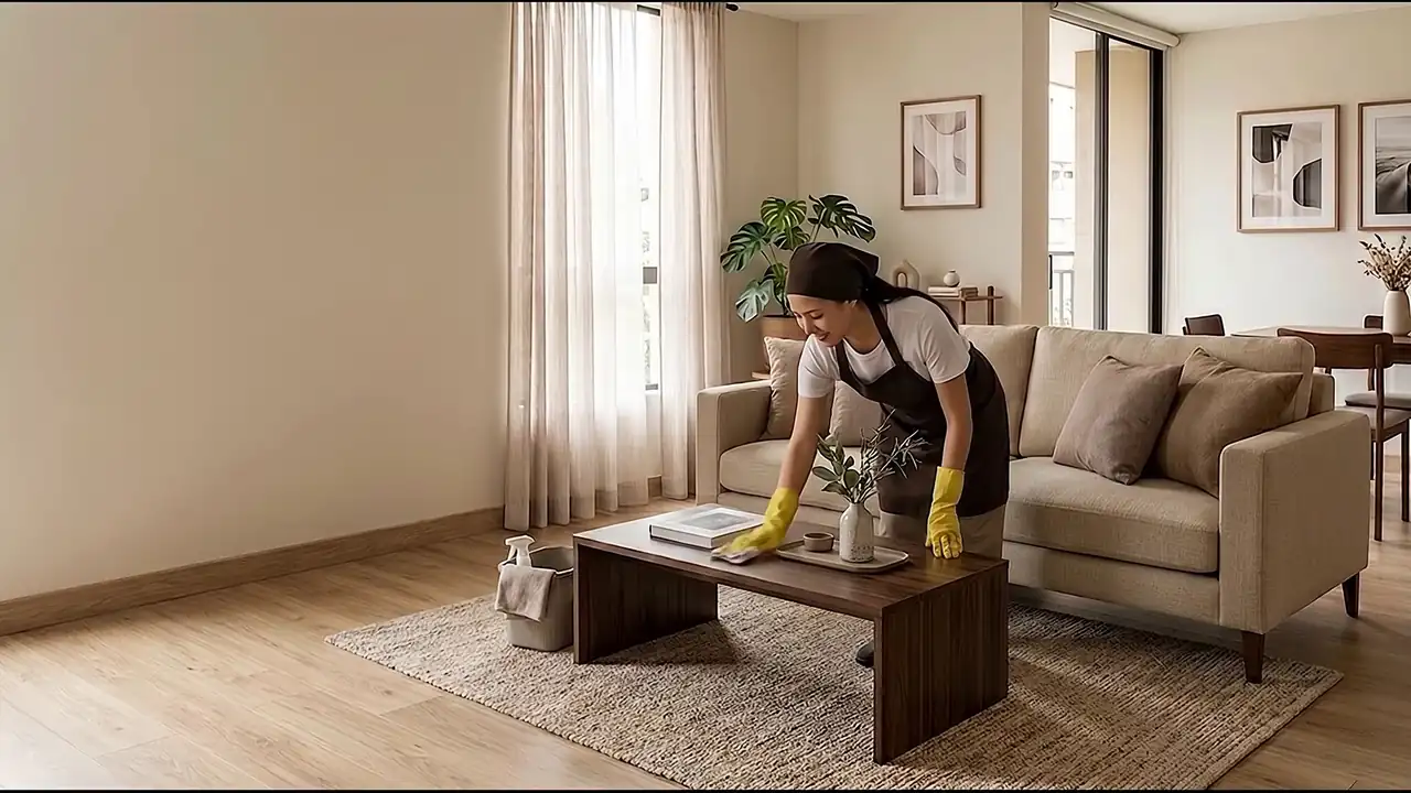 Ambientación de una profesional limpiando un hogar